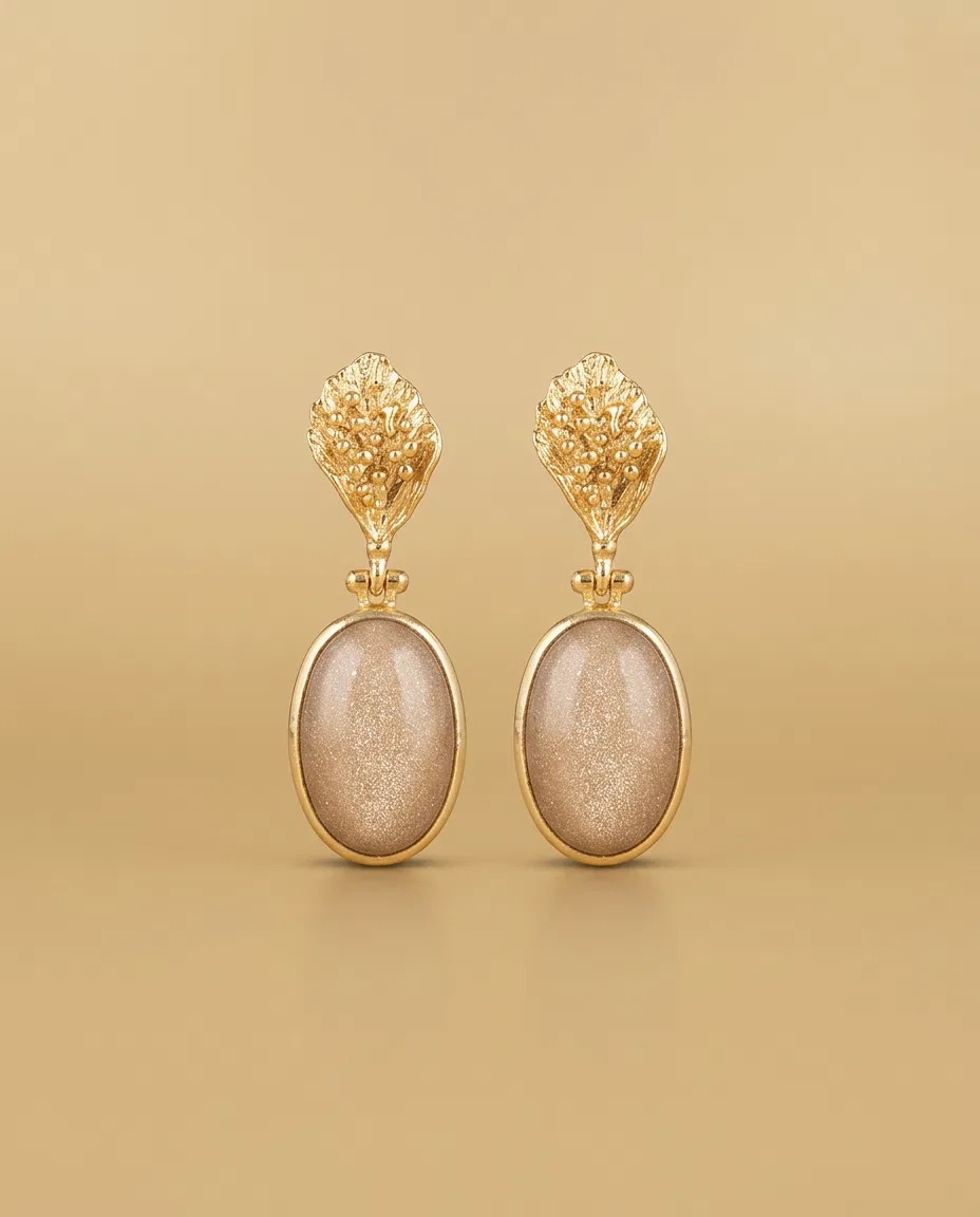 Textured Shield Champagne Oval Stone Earrings