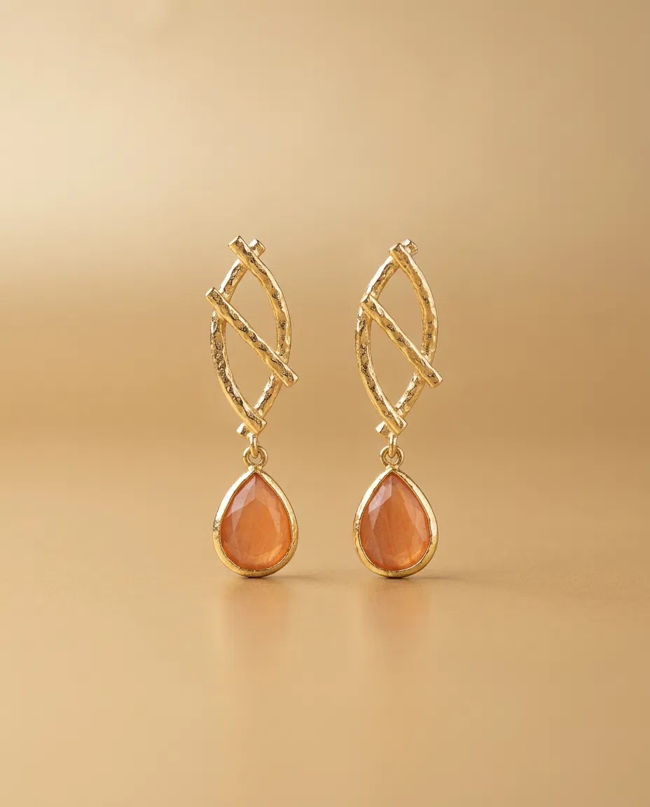 Crossed Bar Orange Teardrop Earrings