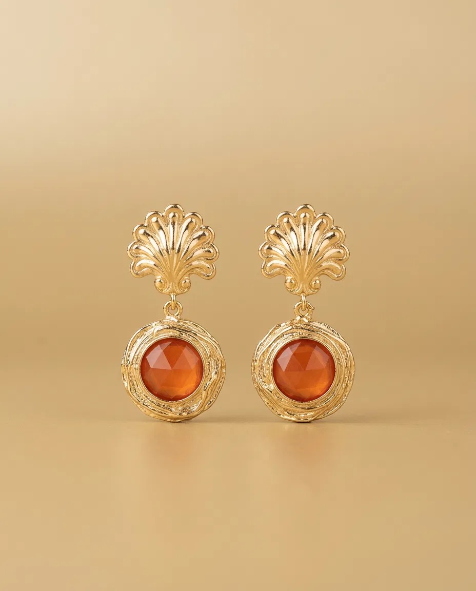 Scallop Shell Orange Stone Earrings