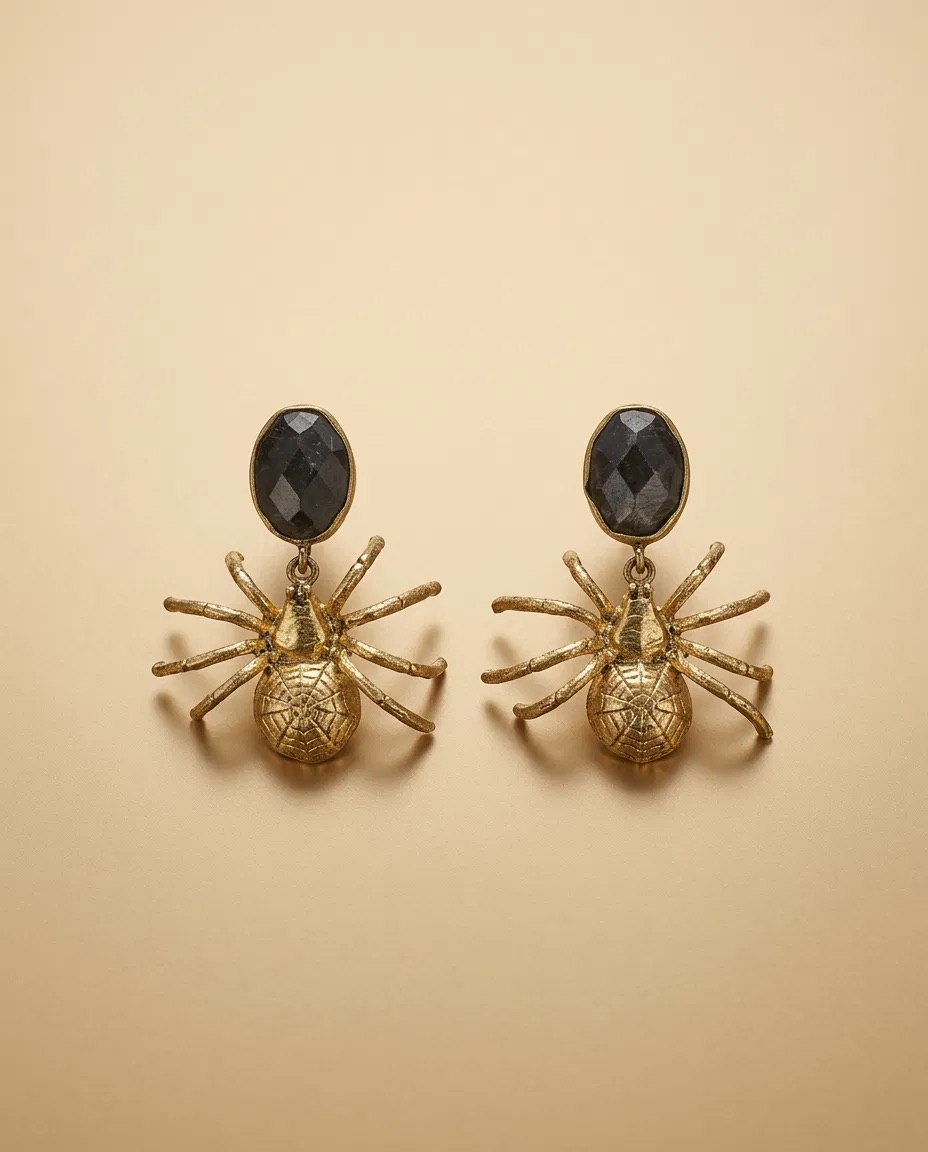 Black Stone Gold Spider Earrings