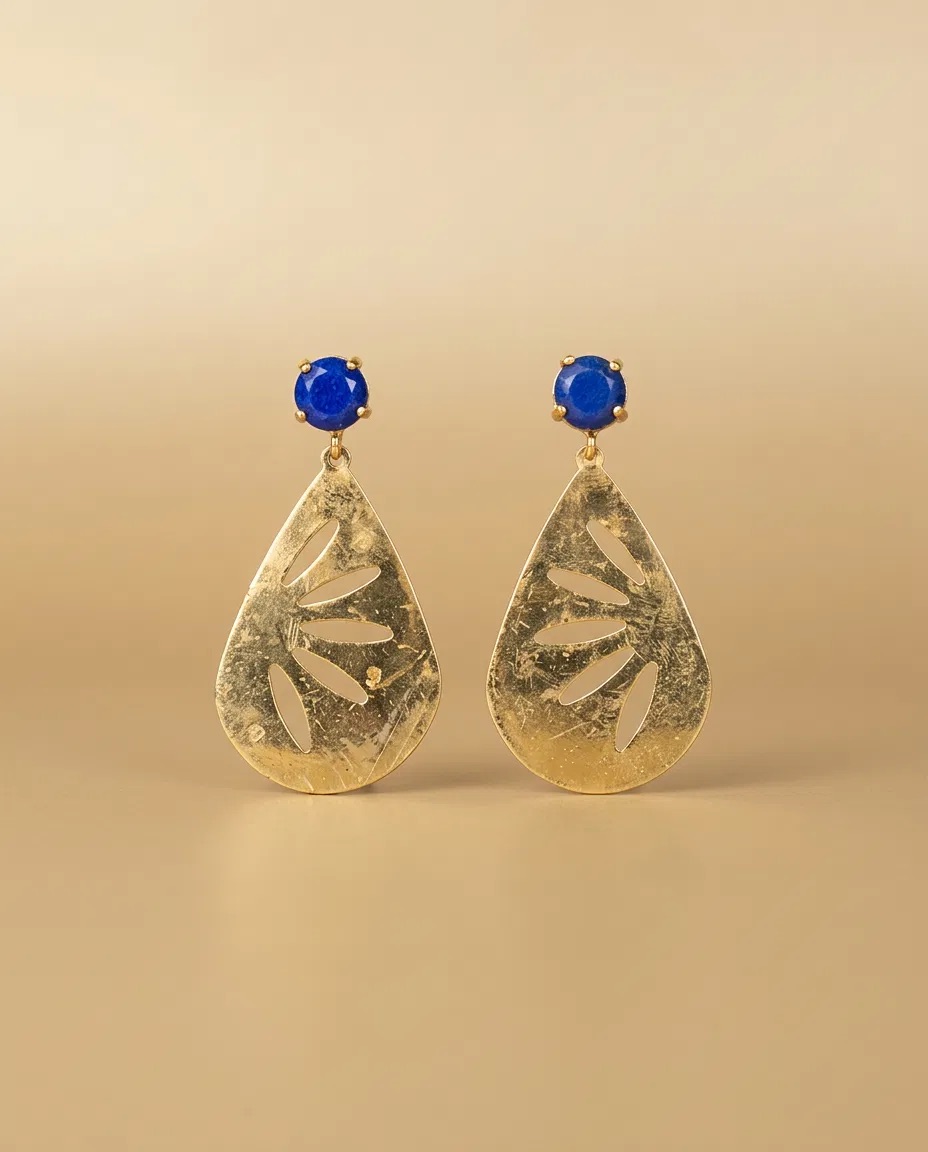 Blue Stone Leaf Cut-Out Teardrop Earrings