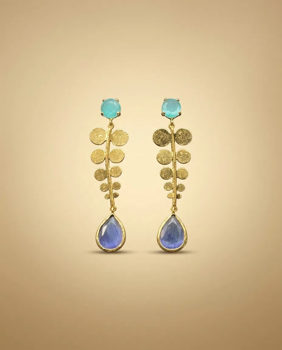 Aqua Stone Coin Vine Blue Teardrop Earrings