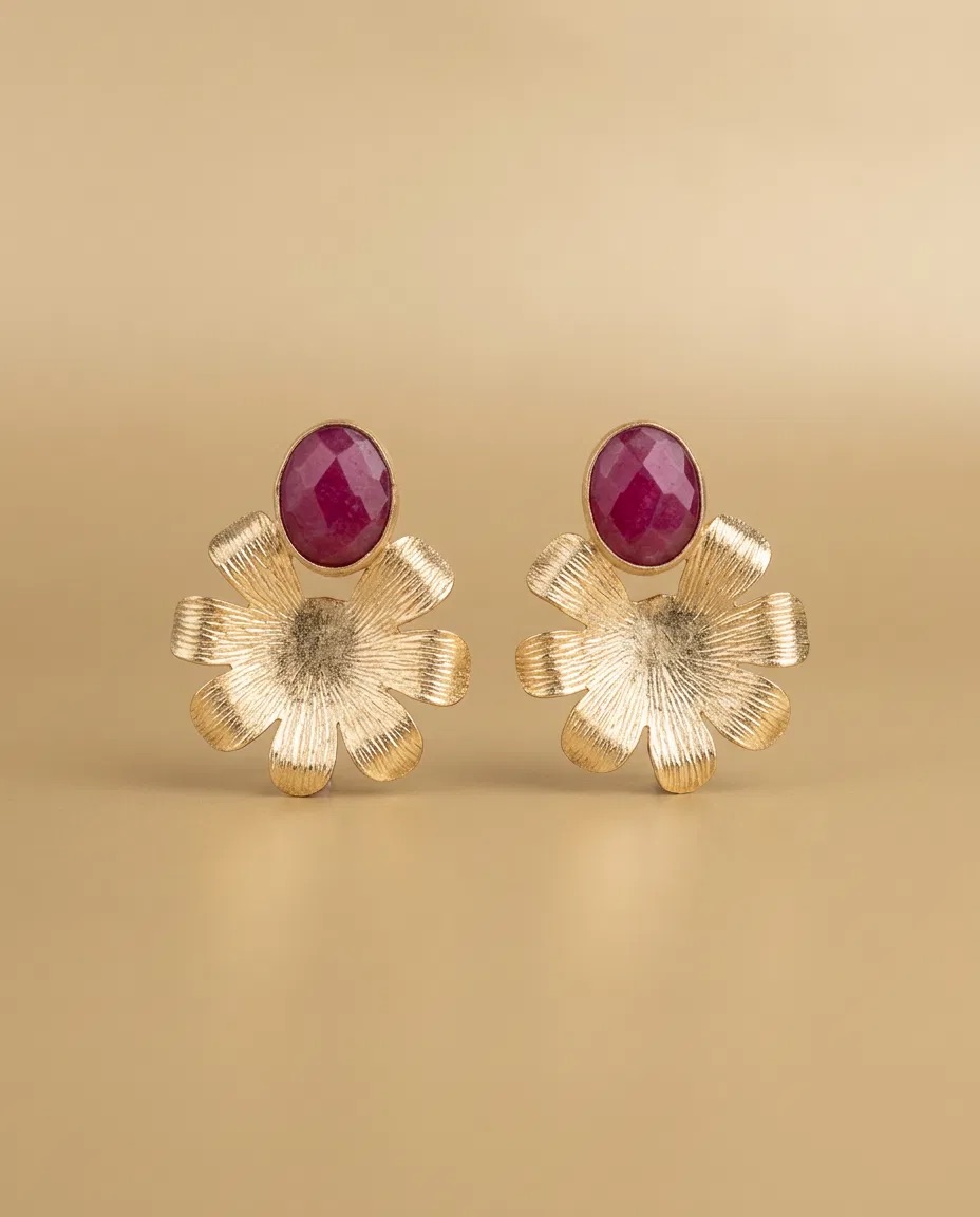 Ruby Color Stone Brushed Flower Earrings