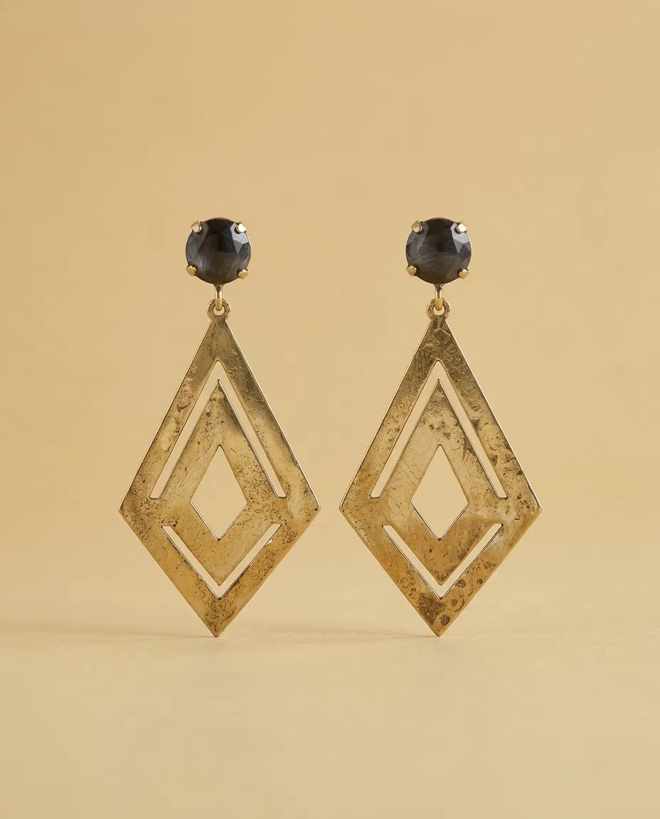 Labradorite Look Stone Geometric Diamond Earrings