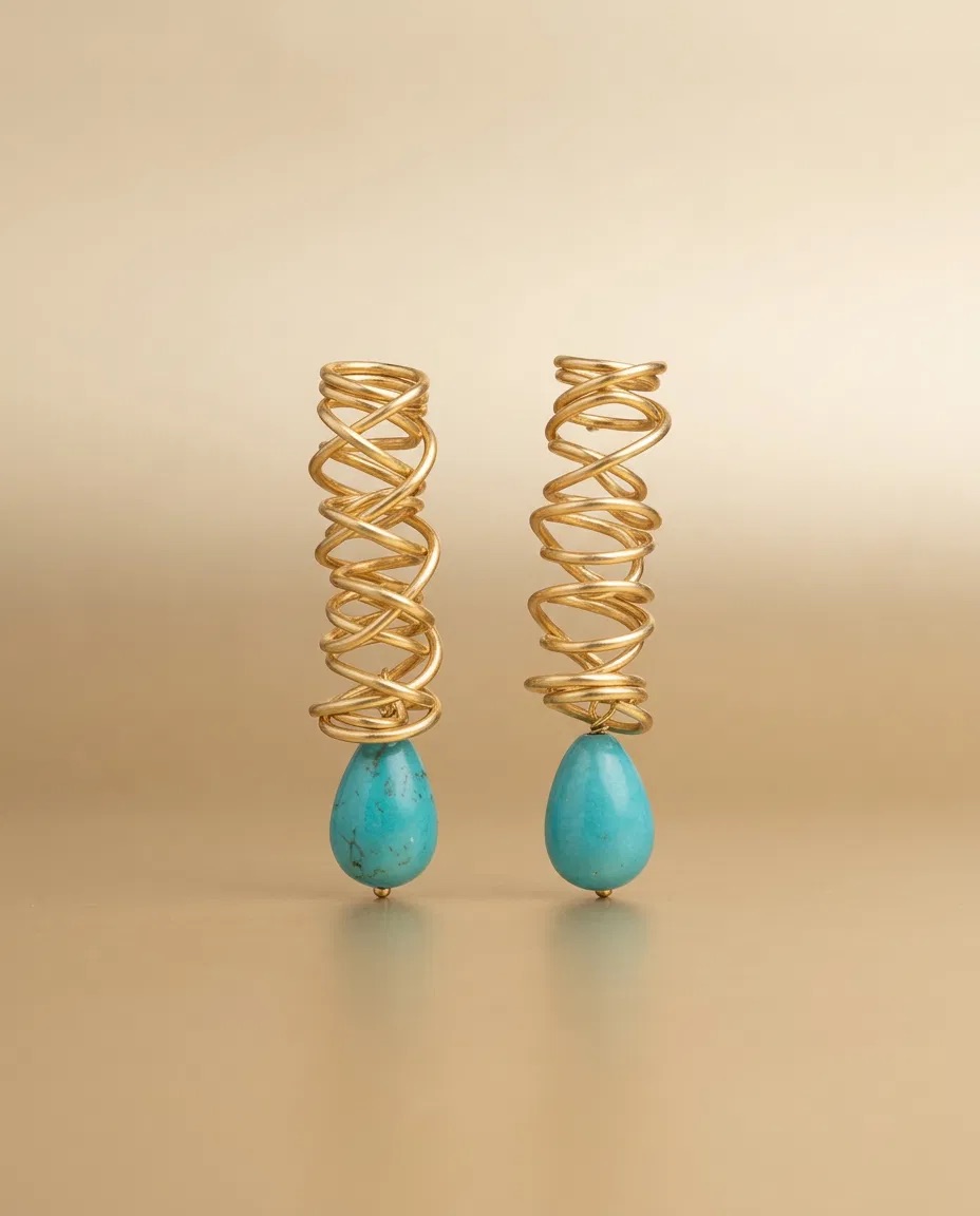 Coiled Gold Wire Turquoise Color Teardrop Earrings