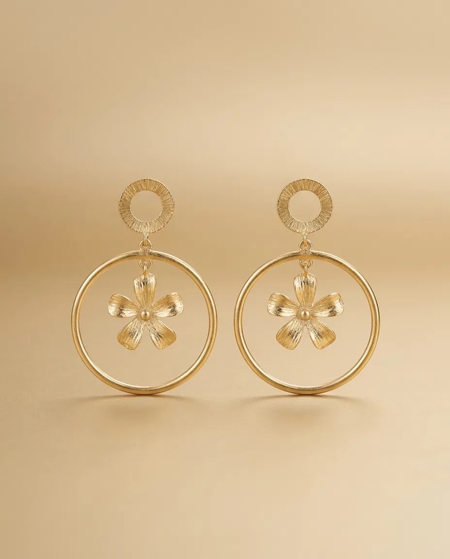 Brushed Ring Stud Flower Hoop Earrings