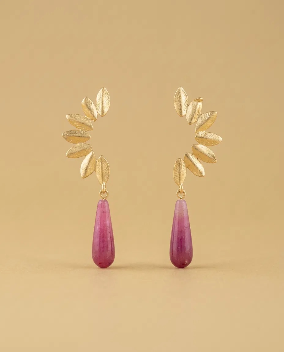 Leaf Crescent Pink Tourmaline Look Drop Earrings