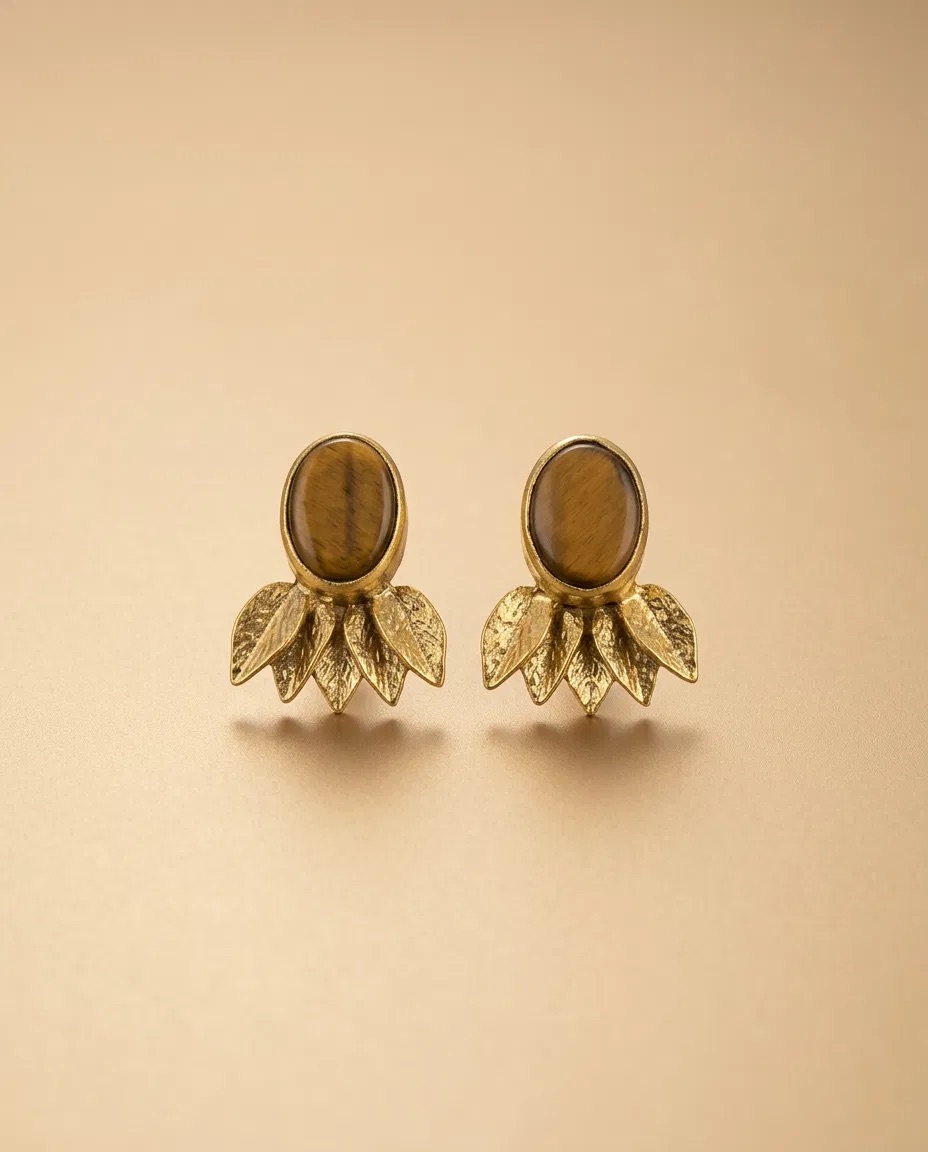 Tiger Eye Look Stone Leaf Crown Stud Earrings
