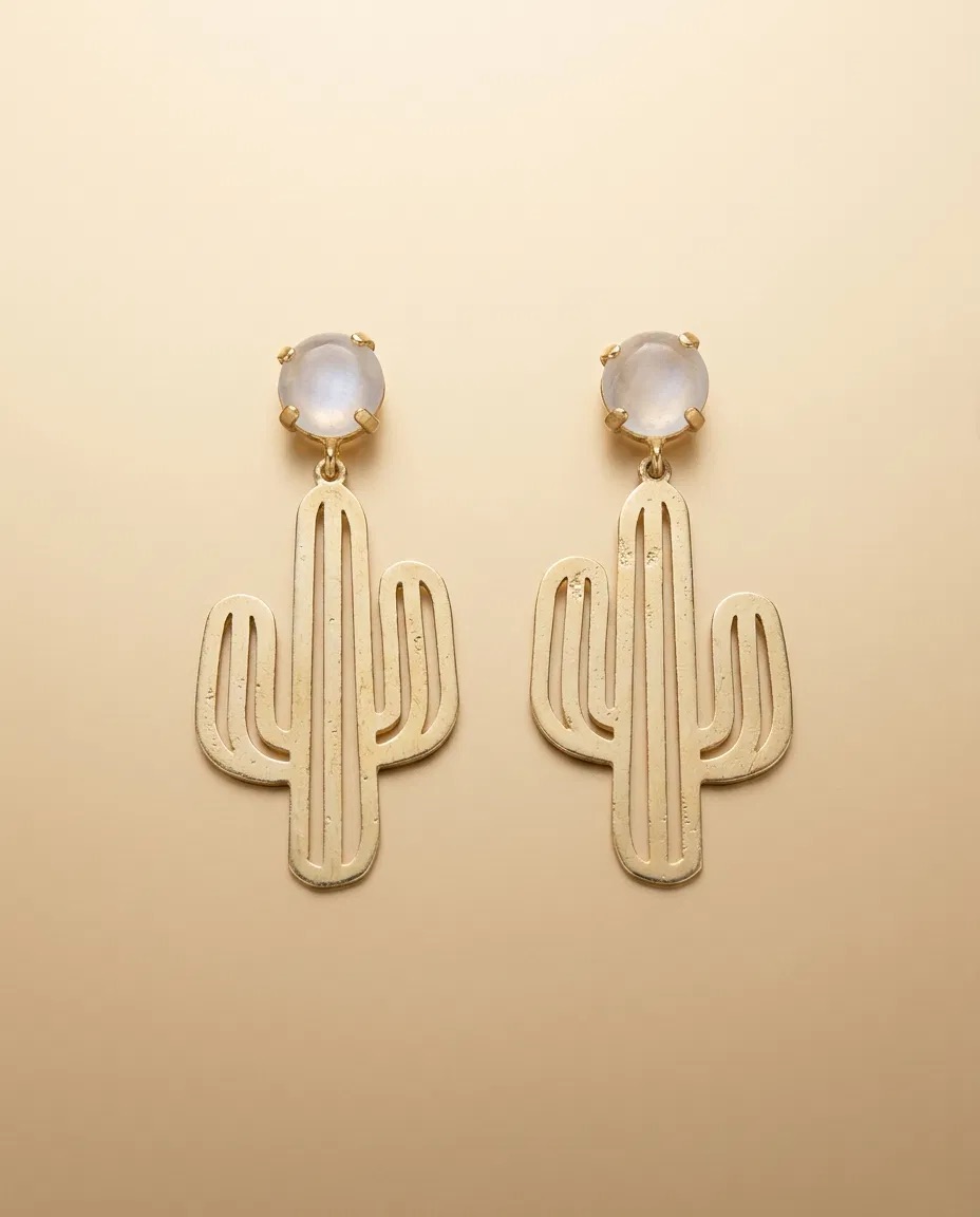 Moonstone Look Gold Cactus Earrings