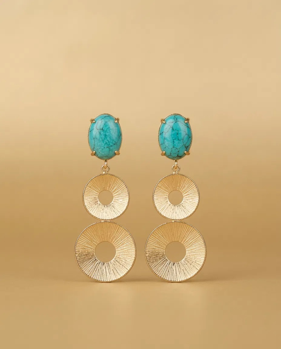Turquoise Color Oval Stone Brushed Disc Earrings