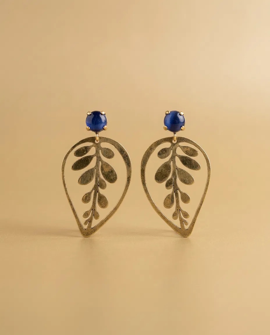 Lapis Look Stone Fern Leaf Outline Earrings