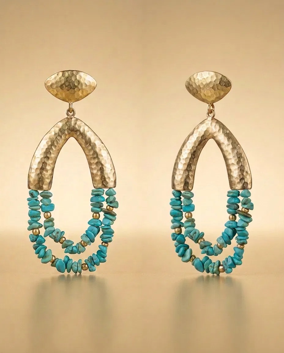 Hammered Arch Turquoise Color Chip Bead Earrings