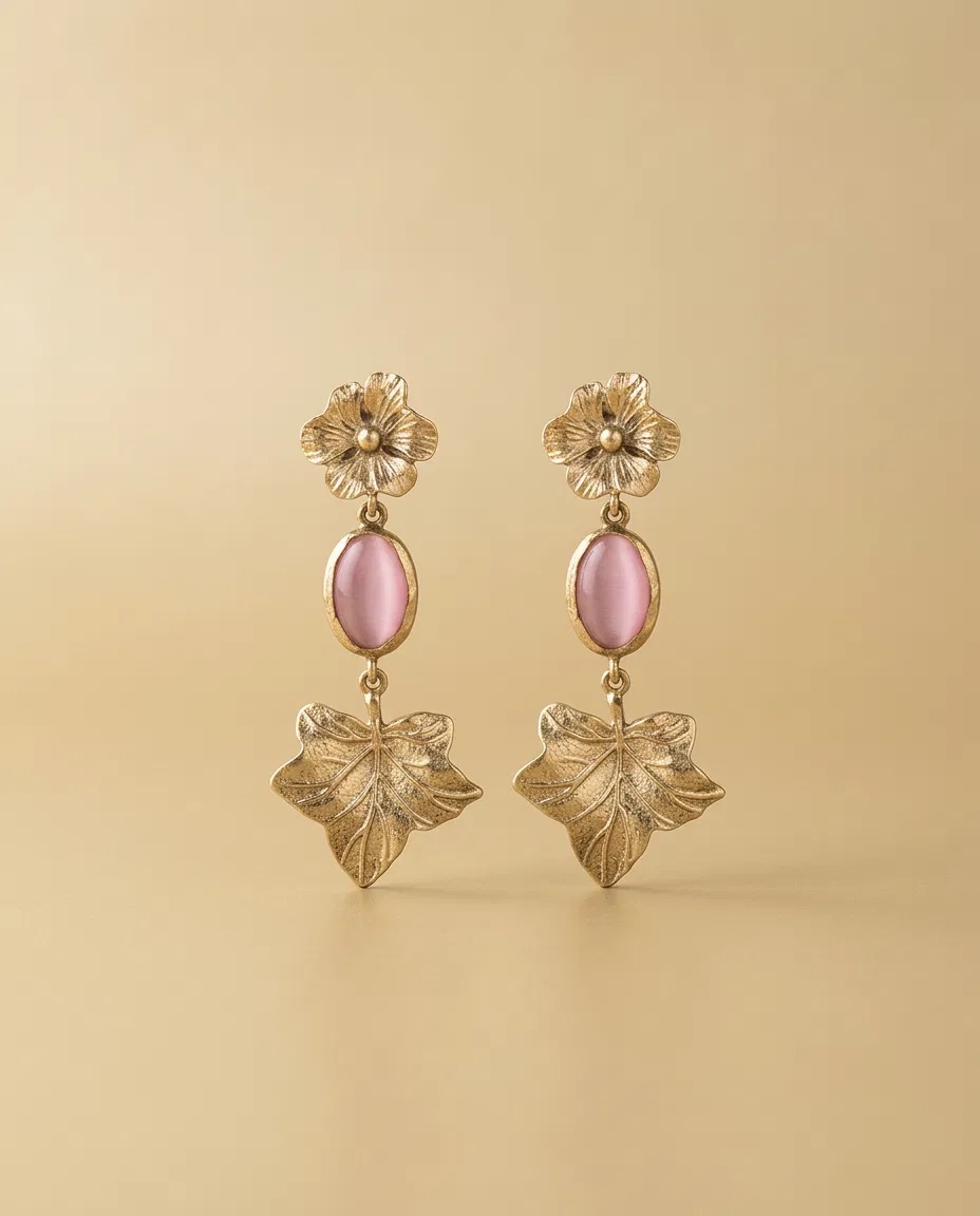 Flower Pink Cat Eye Ivy Leaf Earrings
