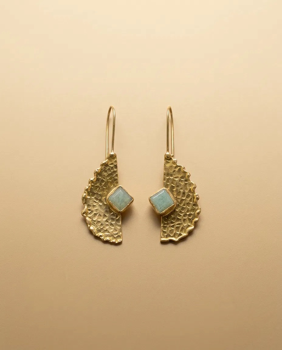Hammered Half Moon Amazonite Look Hook Earrings