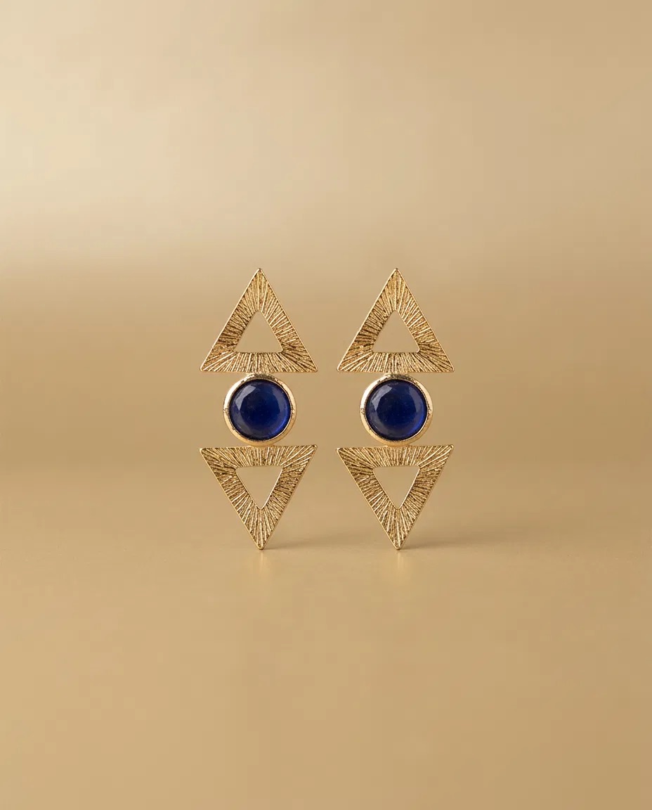 Brushed Triangle Navy Stone Stud Earrings