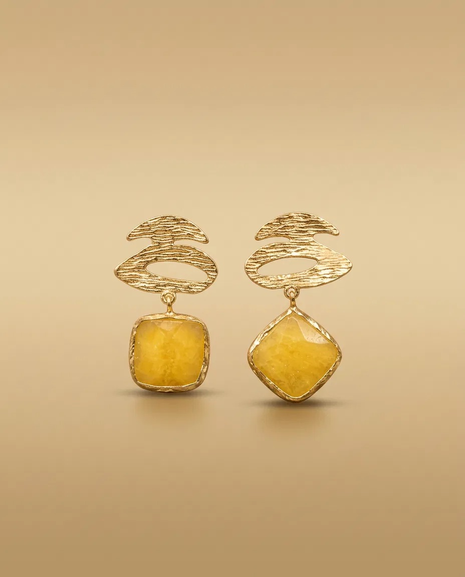 Wave Plate Yellow Square Stone Earrings