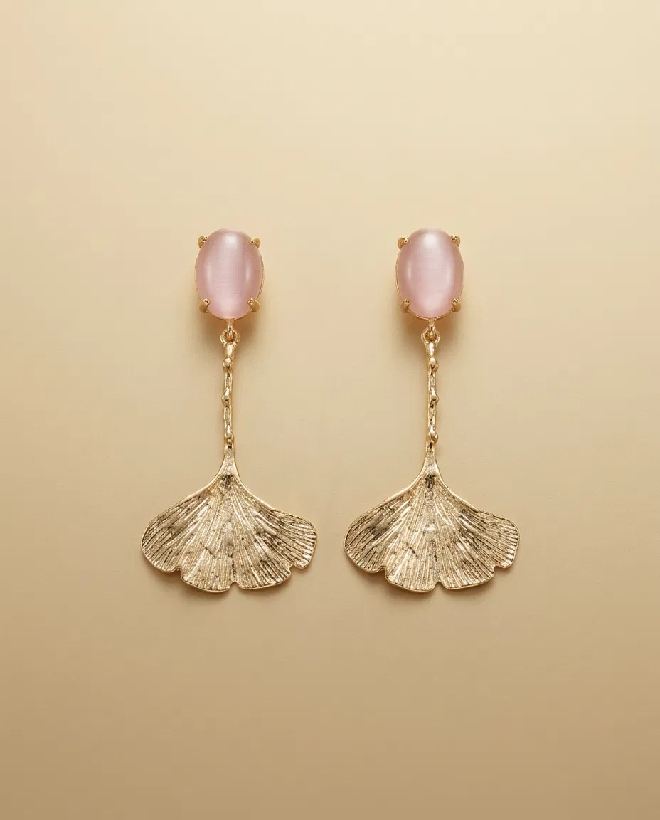 Pink Cat Eye Ginkgo Leaf Drop Earrings