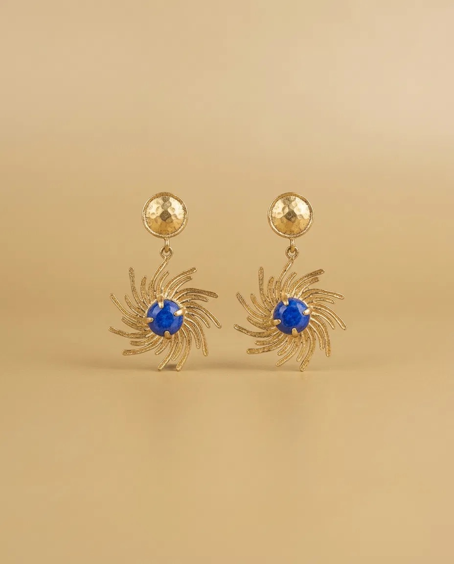 Hammered Stud Swirl Burst Blue Stone Earrings