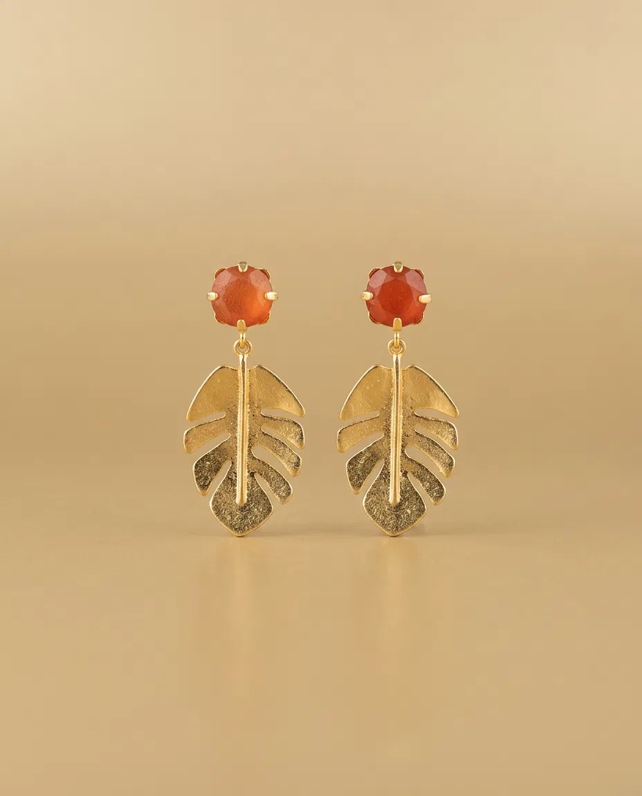 Coral Color Stone Monstera Leaf Earrings