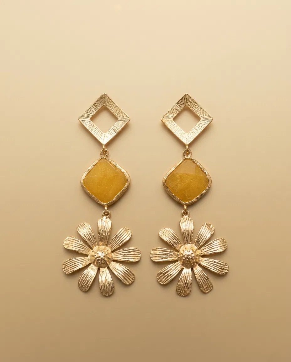 Brushed Diamond Frame Yellow Stone Daisy Earrings