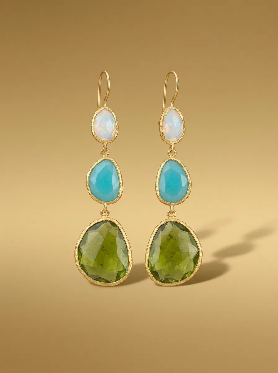 Opal Look Aqua and Olive Stone Drop Earrings