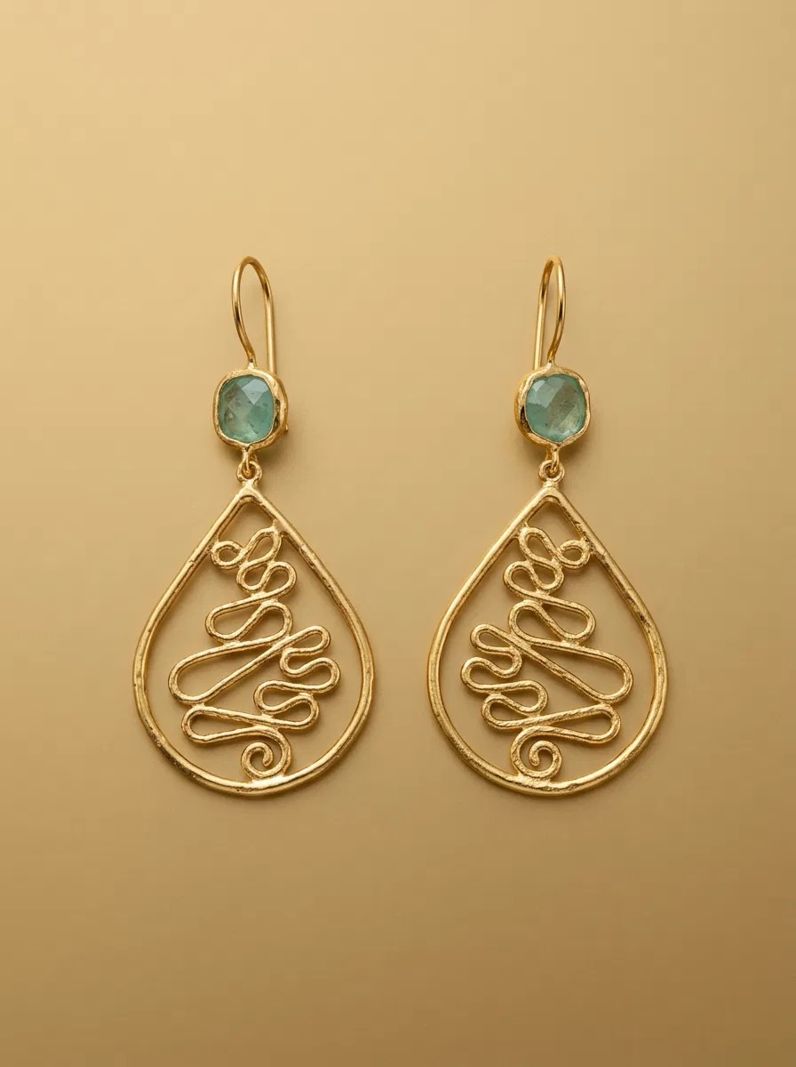 Mint Stone Wire Scroll Teardrop Earrings