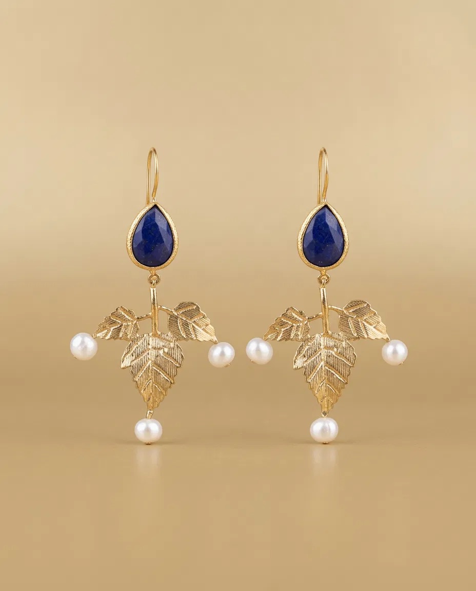 Lapis Look Teardrop Ivy Leaf Pearl-Look Earrings
