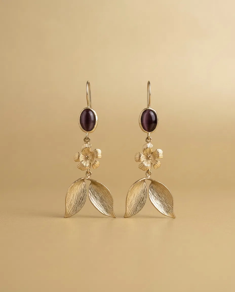 Purple Cat Eye Flower Leaf Hook Earrings