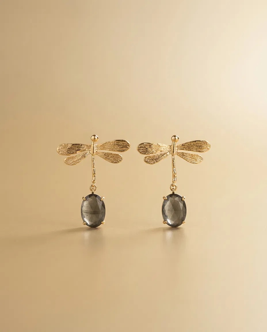 Gold Dragonfly Smoky Oval Stone Earrings