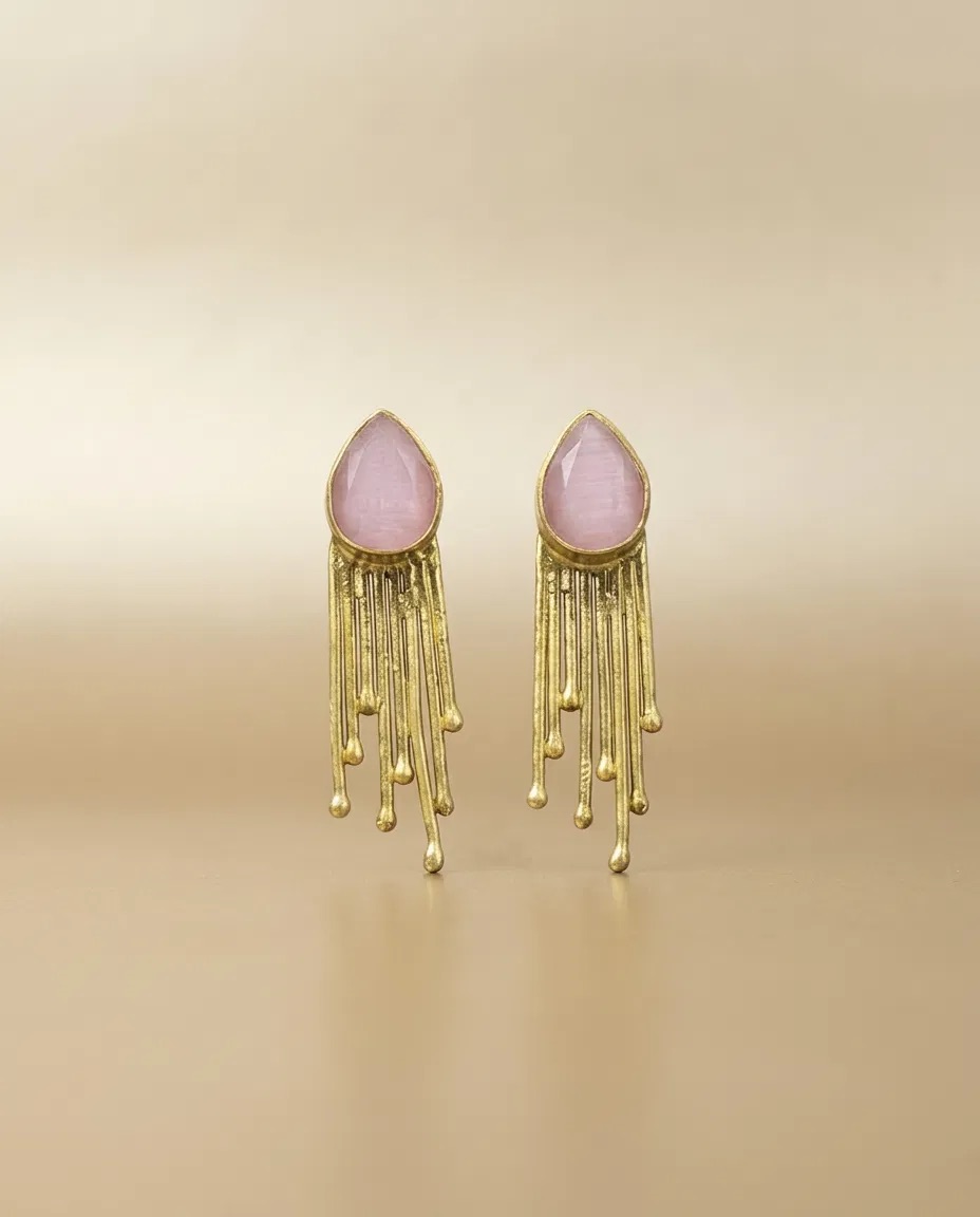 Pink Teardrop Gold Drip Fringe Earrings