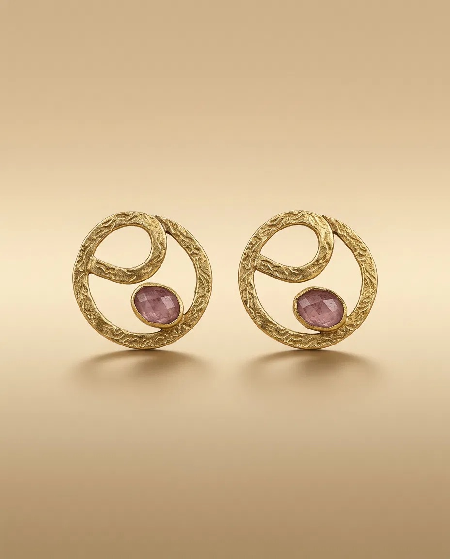 Textured Swirl Ring Pink Stone Stud Earrings