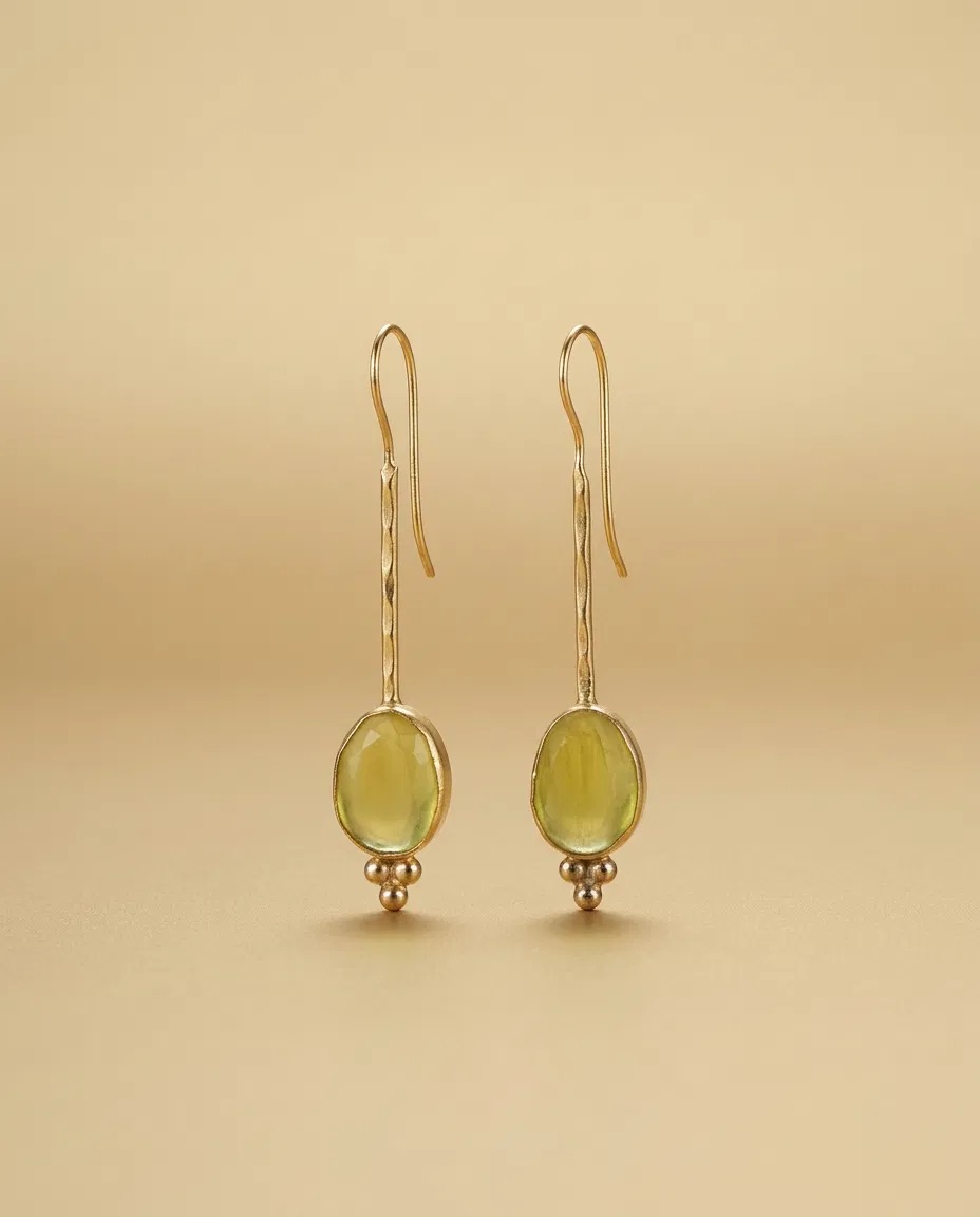 Olive Oval Stone Long Hook Earrings