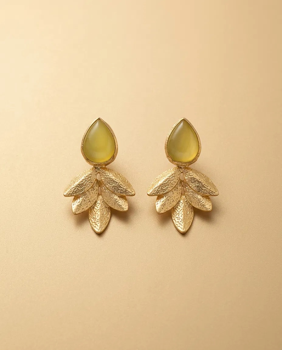 Yellow Teardrop Hammered Leaf Cluster Earrings