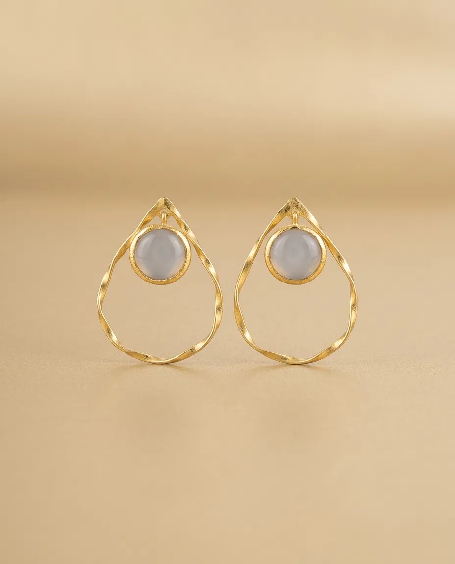 Twisted Teardrop Hoop Grey Stone Earrings
