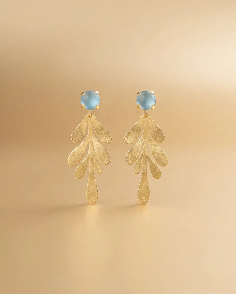 Aqua Stone Brushed Leaf Spine Earrings