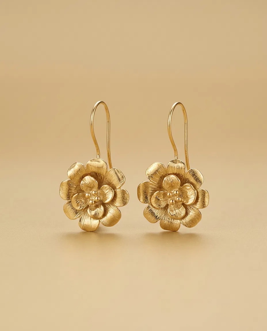 Sculpted Gold Camellia Hook Earrings