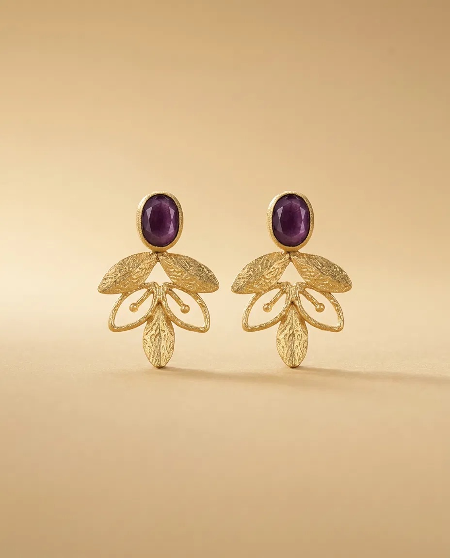Amethyst Look Oval Leaf Spray Earrings