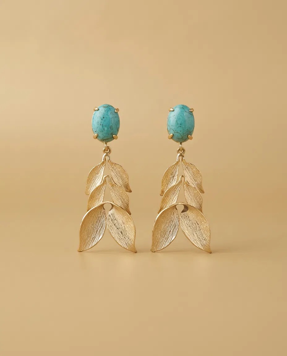 Turquoise Color Oval Stone Layered Leaf Earrings