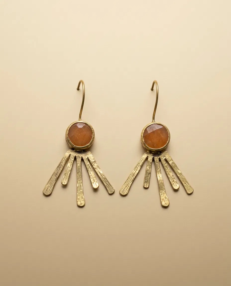 Orange Stone Hammered Ray Fringe Earrings