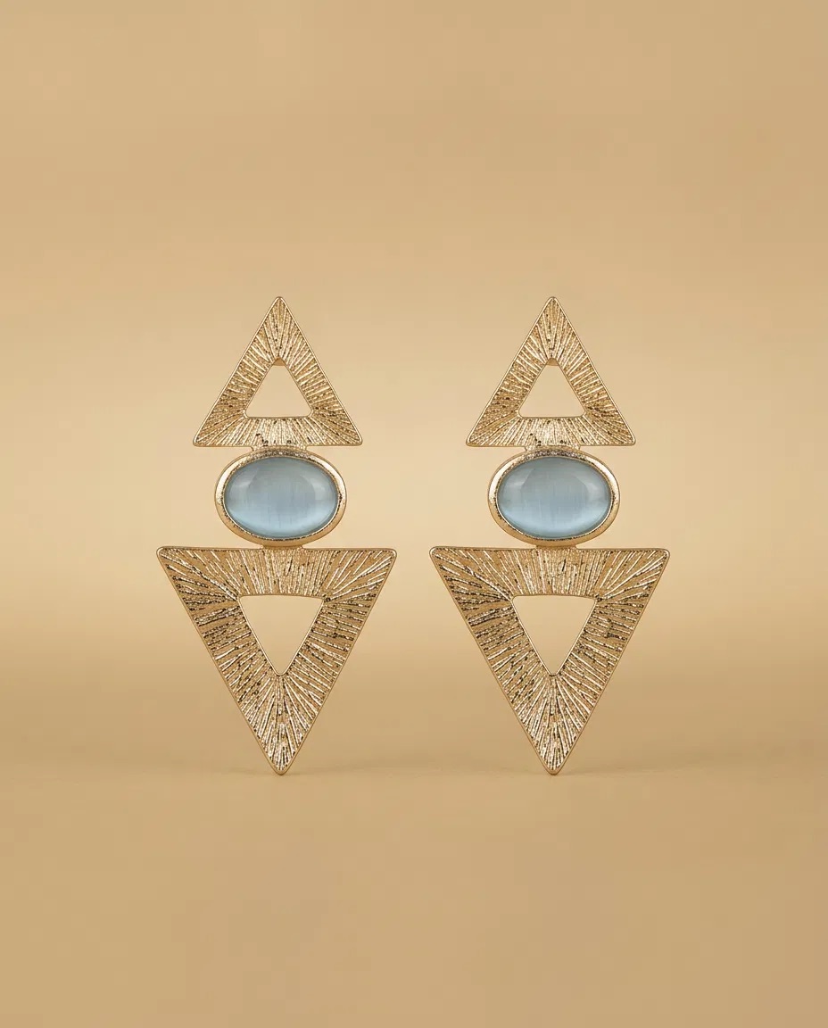 Double Brushed Triangle Sky Blue Stone Earrings
