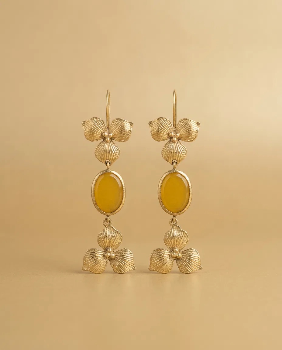 Orchid Flower Yellow Oval Stone Hook Earrings
