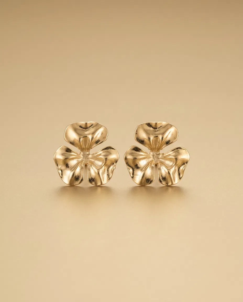 Ruffled Gold Petal Flower Stud Earrings