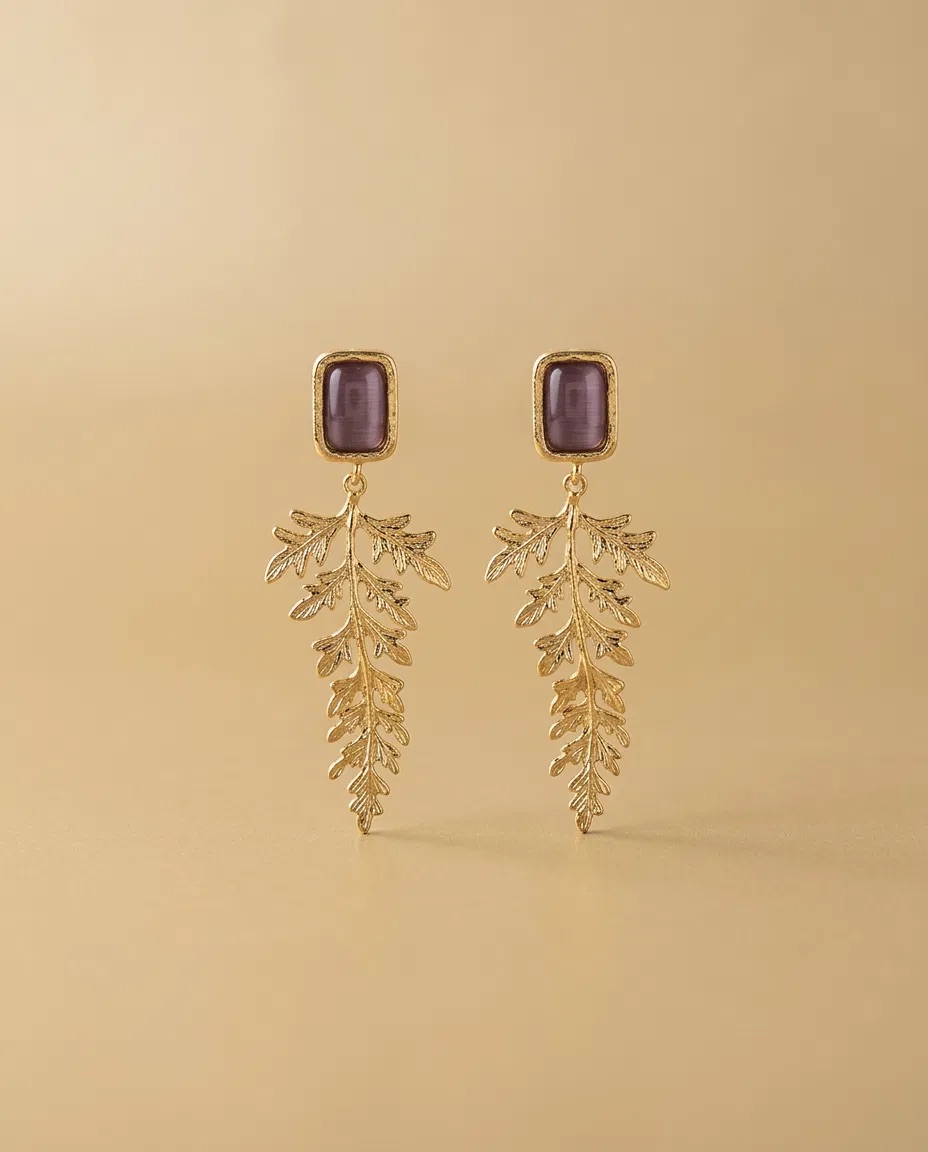 Mauve Rectangle Stone Fern Spray Earrings
