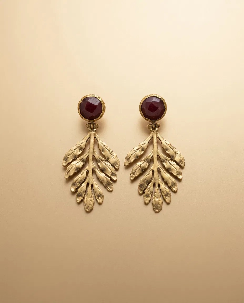 Garnet Color Stone Sculpted Leaf Earrings