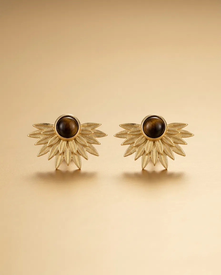 Tiger Eye Look Stone Leaf Fan Stud Earrings