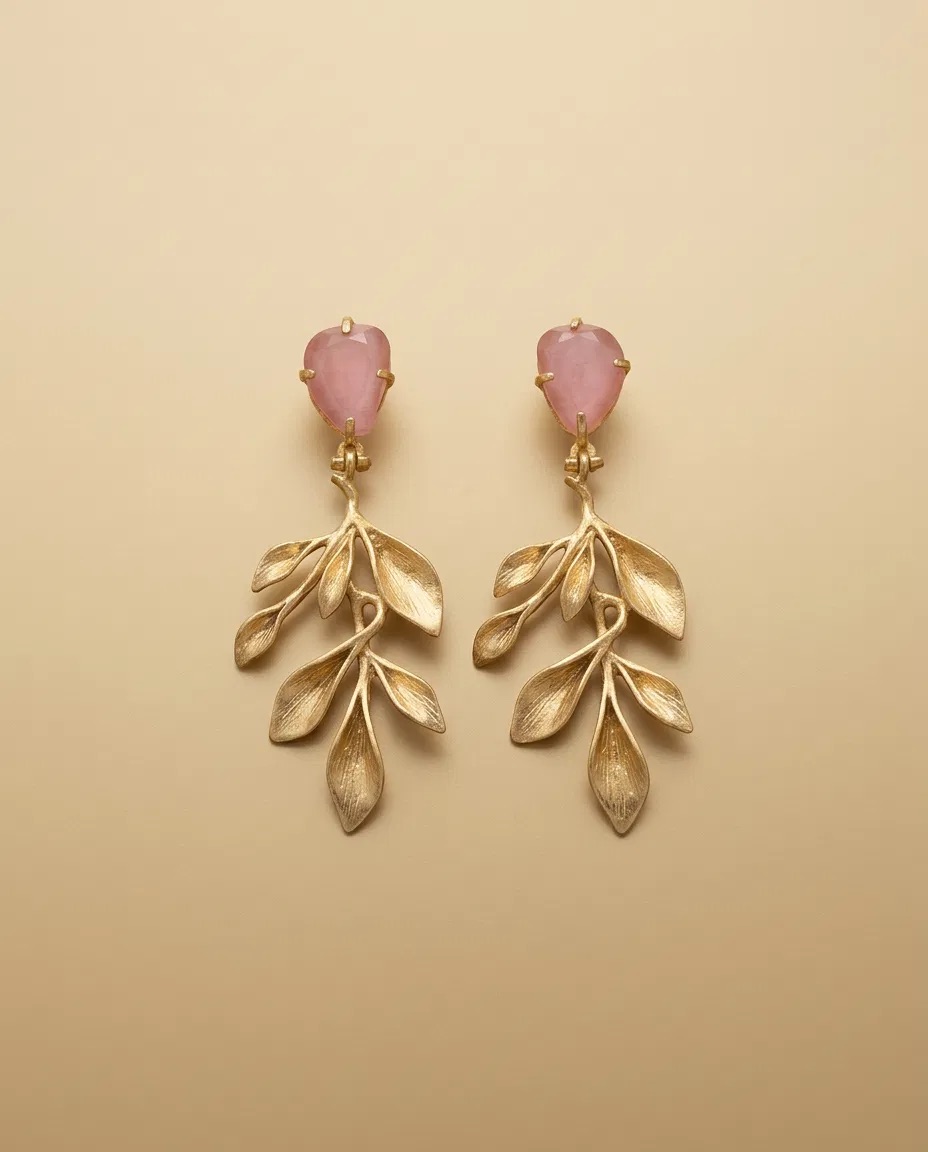 Rose Quartz Look Stone Leaf Branch Earrings