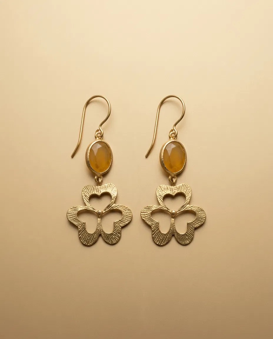 Amber Oval Stone Clover Outline Earrings