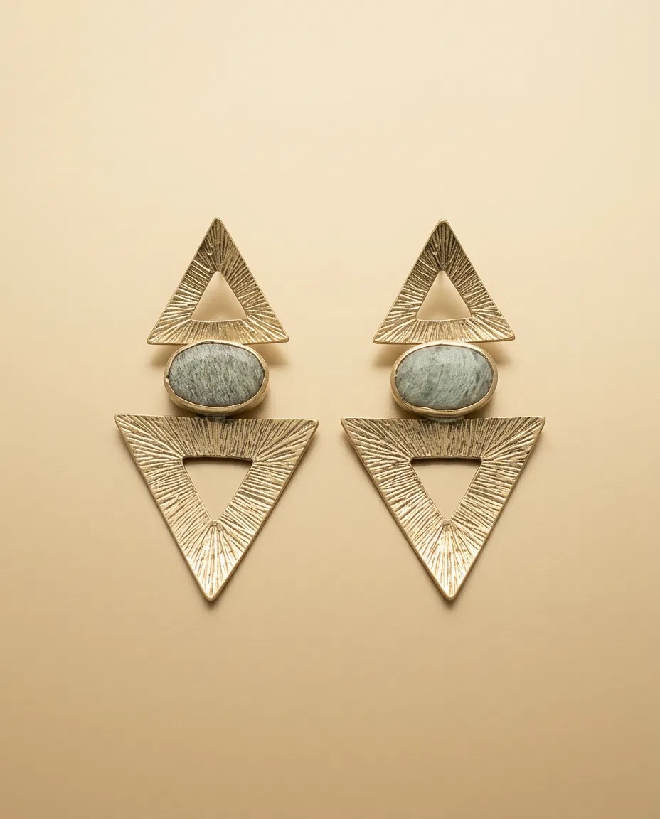 Brushed Triangle Grey Jasper Look Earrings