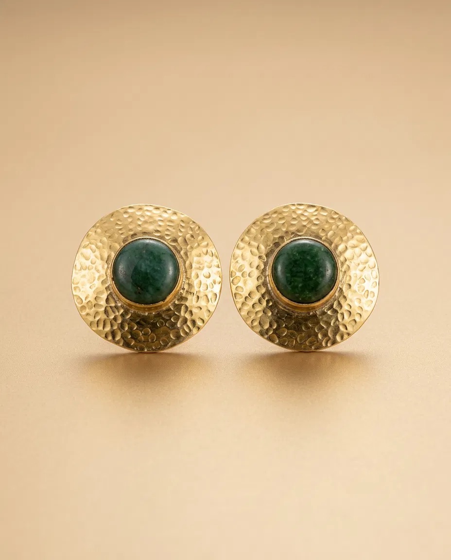 Hammered Disc Green Aventurine Look Stud Earrings