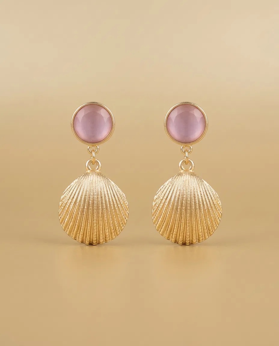 Pink Cat Eye Stone Gold Seashell Earrings